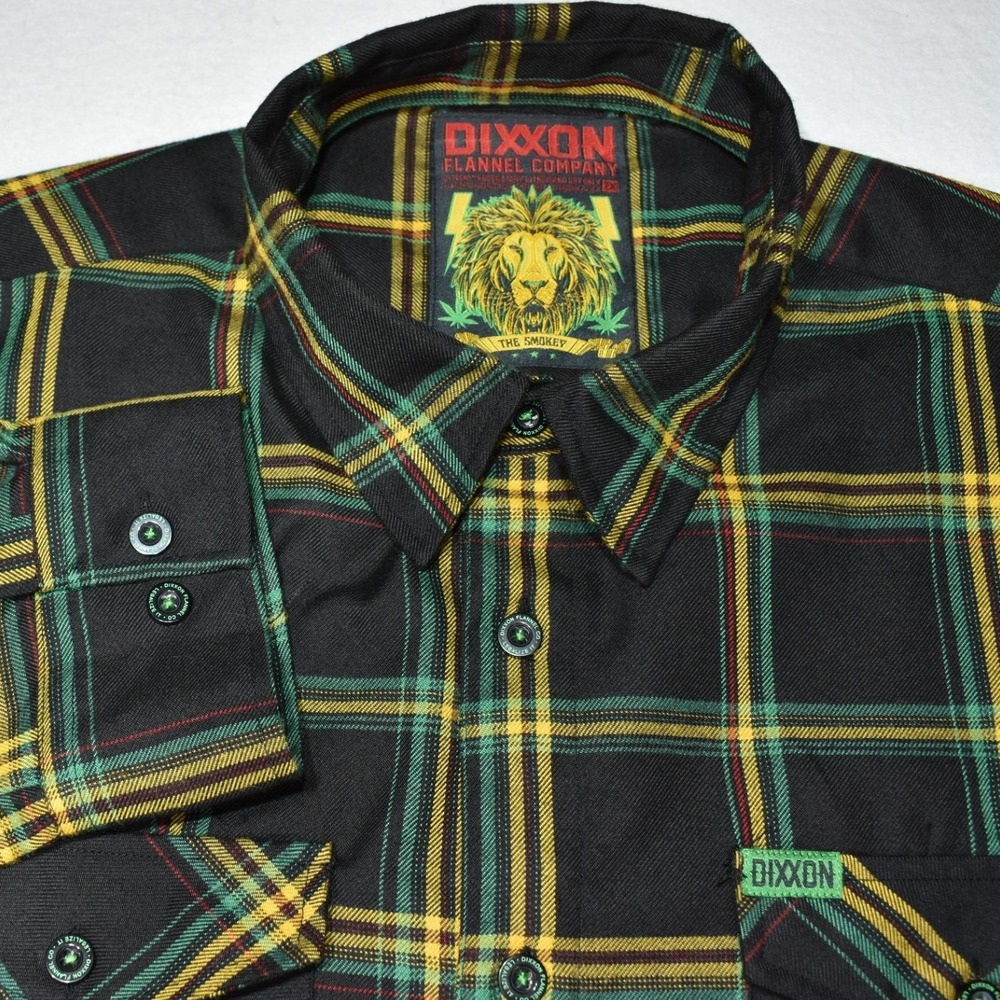 Dixxon Flannel Company The Smokey Plaid Shirt Mens 2XL Black Green Yellow Lion